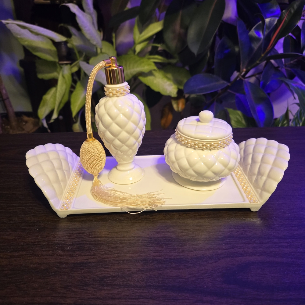 Avon White Vanity Tray Set with Gold Accents